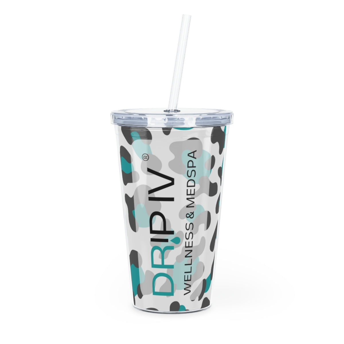 Drip Teal Leopard Print Plastic Tumbler with Straw