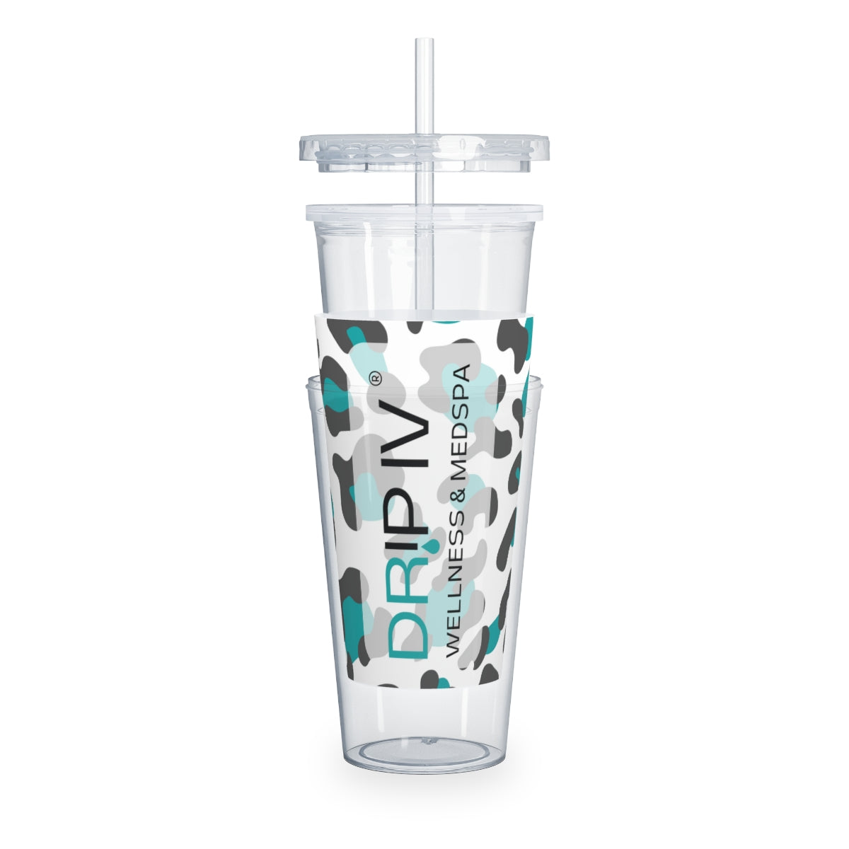 Drip Teal Leopard Print Plastic Tumbler with Straw