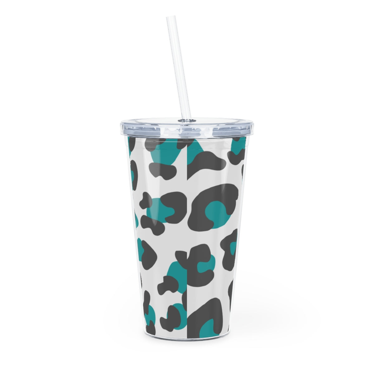 Drip Teal Leopard Print Plastic Tumbler with Straw